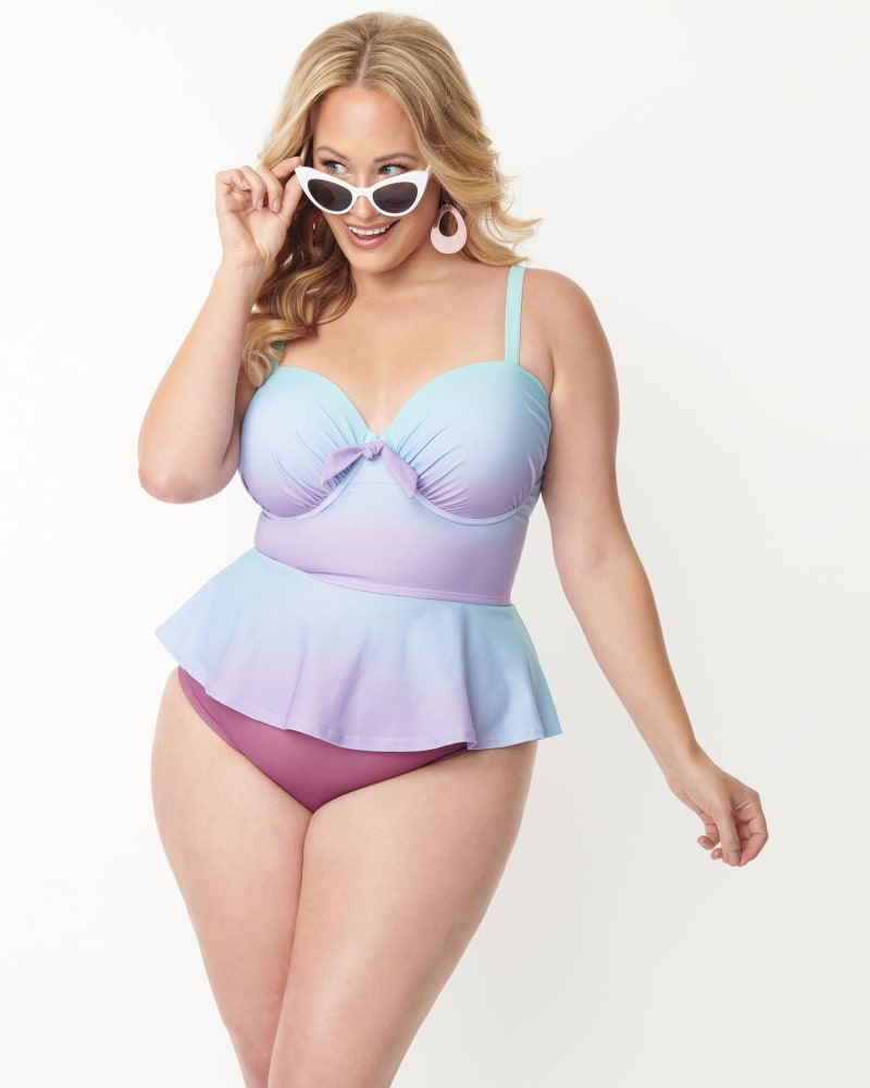 Unique Vintage Blue Purple Ombre Peplum Solana Tankini Swim Top Bl